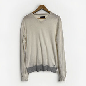 Club Monaco Sweater Mens Medium V Neck Cashmere Blend Cream Gray Preppy Casual